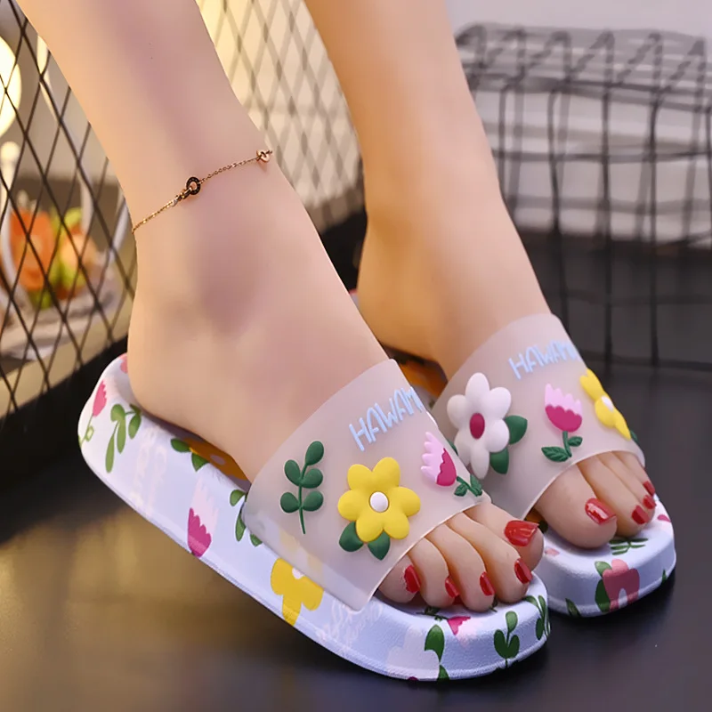 2021 Summer The New Outside Flower Lovely Slippers Women Flat with Slippers Low 1cm-3cm Casual Thick bottom High Quality Slides