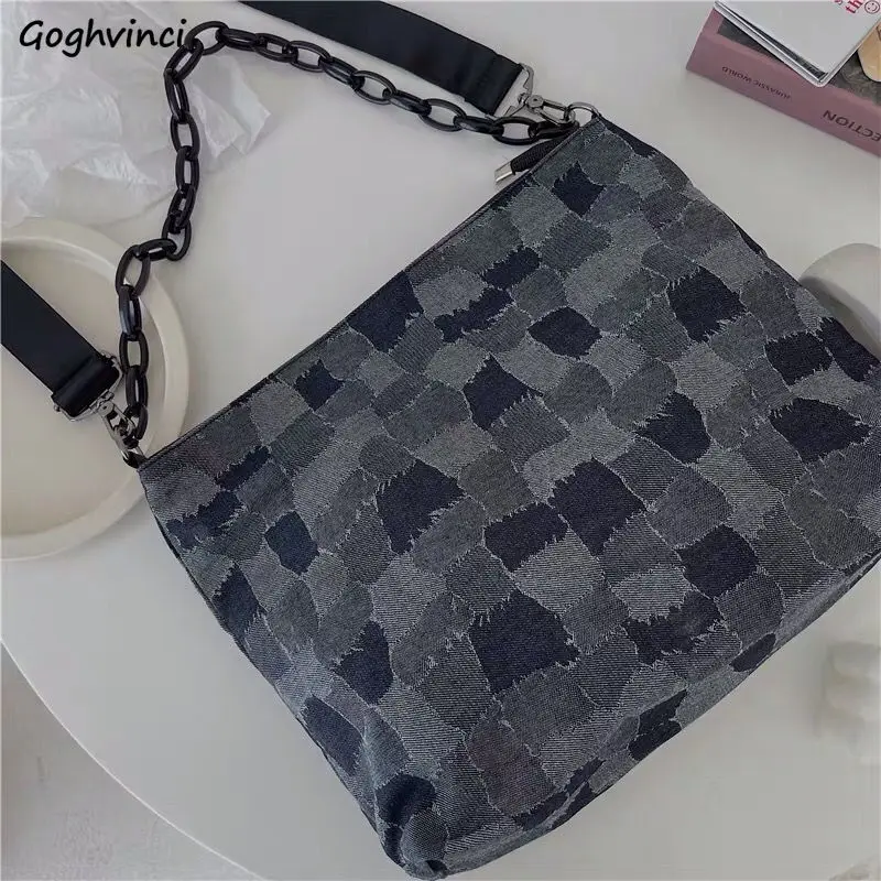 

Denim Plaid Shoulder Bag Women Chain Zipper Retro Chic Hip-hop High Street Vintage for Students Girls All-match Chic Underarm