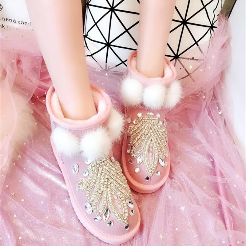 2019 Зима Новый Ручной Работы Стразы кожаная короткая труба зимние ботинки женские