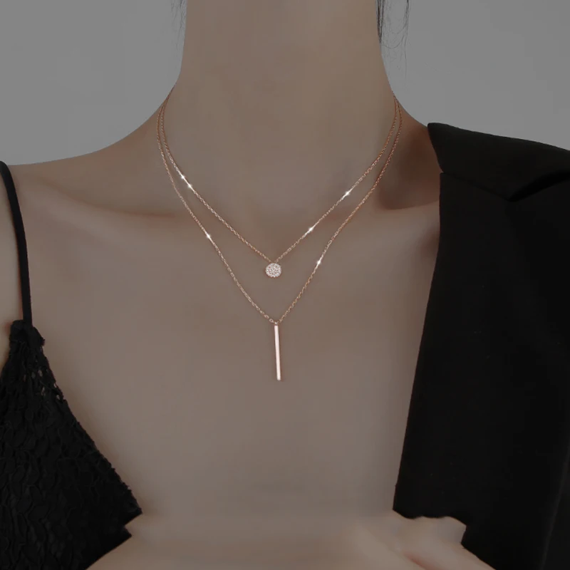

MEYRROYU Sterling Silver Shiny Double-layer Geometric Pendant Full Zircon Necklace Beautiful Clavicle Chain Women Party Jewelry