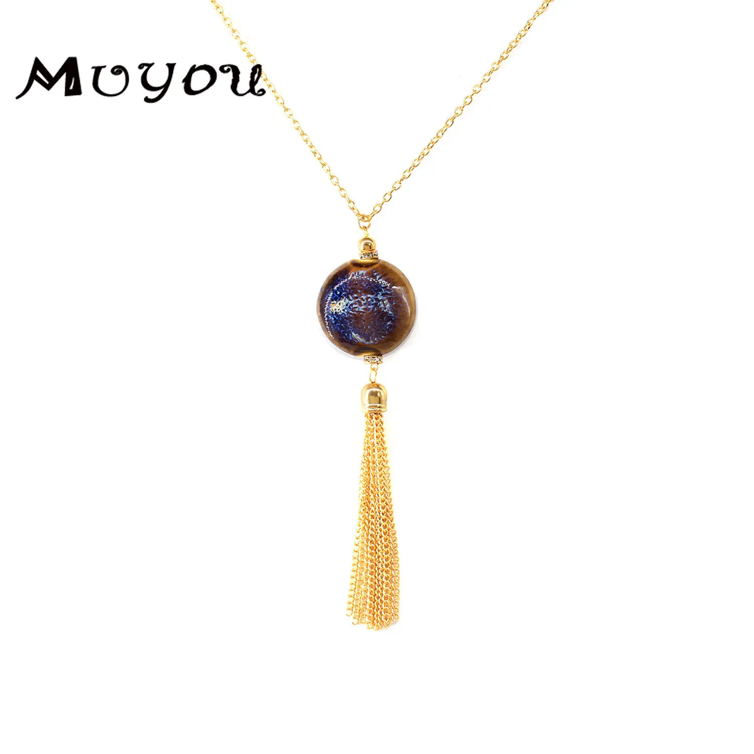 Круглый керамический кулон ожерелье с кисточкой Ms. глазурованный цвет осень зима