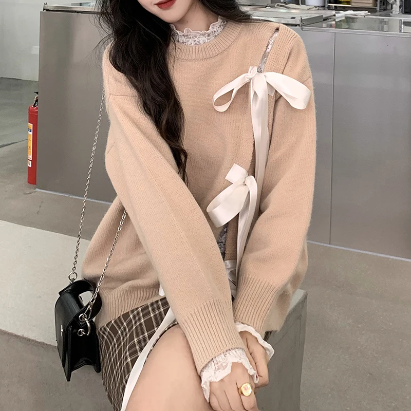 

Anglo-American yuan will sweet bowknot lace-up turtleneck sweater design feeling small sweater coat