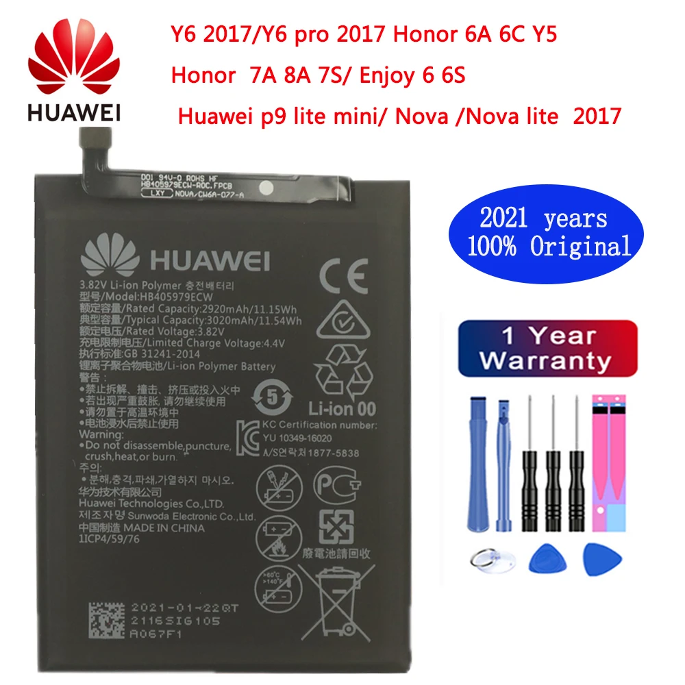 

2021 years Original 3020mAh HB405979ECW Battery For Huawei Nova CAZ-AL10 CAZ-TL00 Enjoy 6S Honor 6c Y6 PRO 2017 Y5 2017 p9 lite