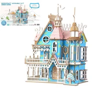 candice guo educational wooden toy 3d puzzle diy woodcraft assembly kit build blue house fantasy villa girl birthday gift 1pc