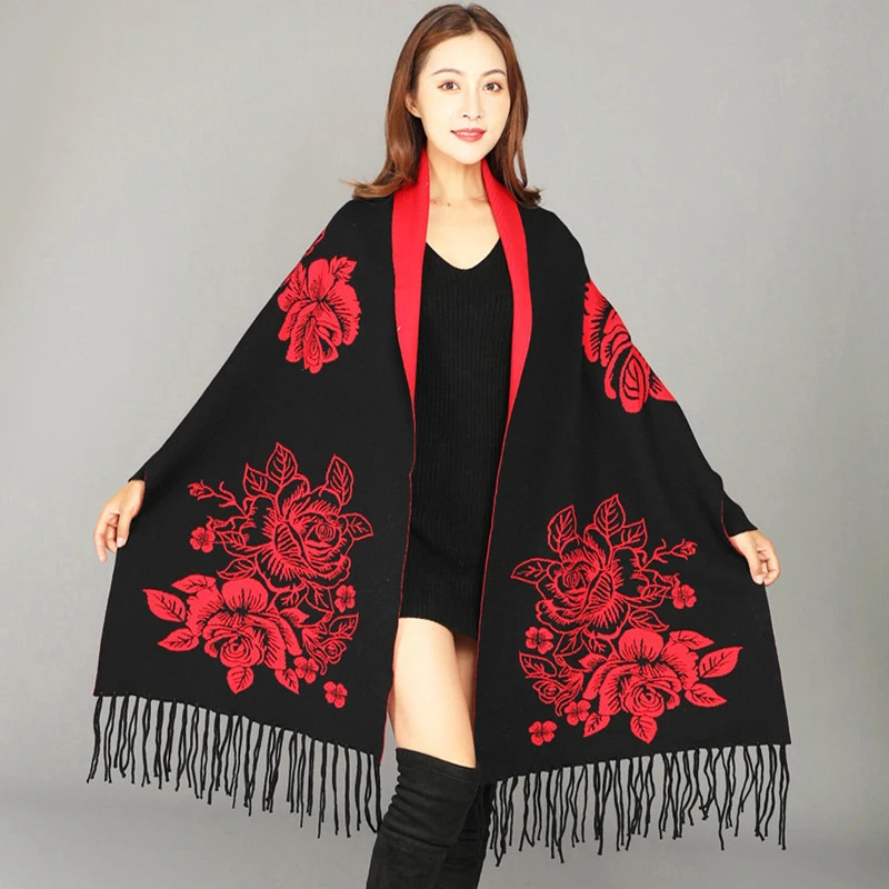 

New arrival knit autumn winter women thick wild soft temperament lovely big shawl comfortable outdoor trend warm print poncho