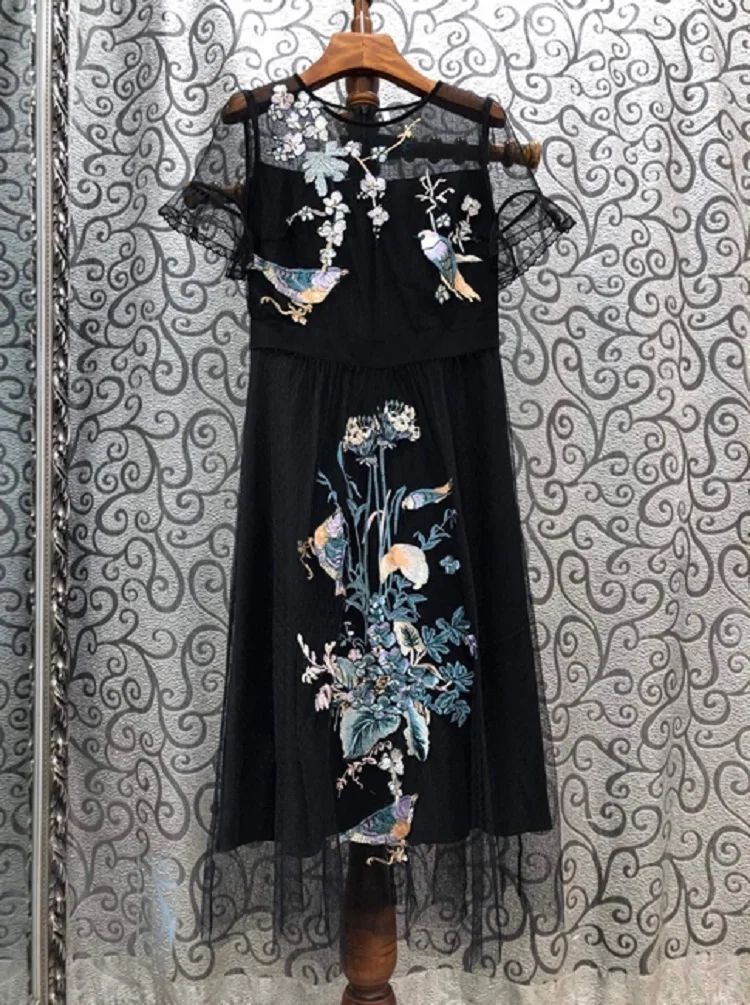 

New Top Quality 2021 Summer Runway Style Dress Women Cute Birds Floral Embroidery Sexy Tulle Mesh Patchwork Casual Vintage Dress