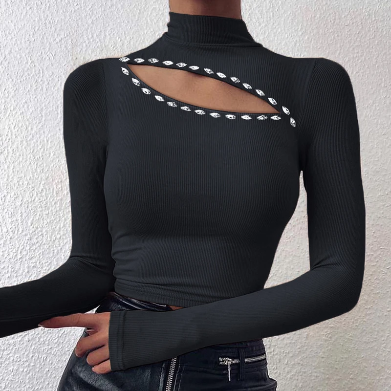 

Sexy Off Shoulder Cut Off Patchwork Spring Shirts 2021 Women Hollow Out O Neck Elegant Blouse Autumn Long Sleeve Rib Tops