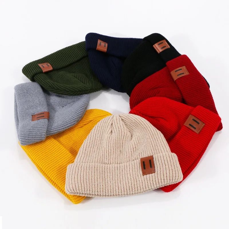 

Leather Label Crochet Beanies Adult Winter Hats For Women Cotton Breathable Solid Knitted Hat Cap Men Bonnets For Women Gorras