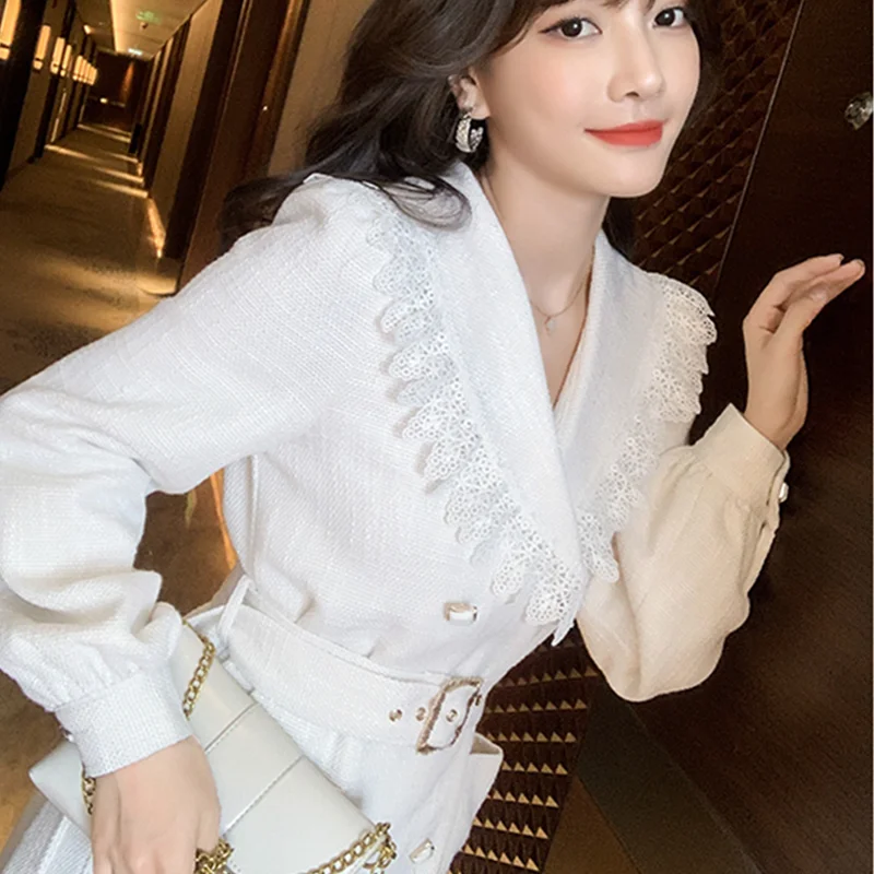 

Temperament short white dress 2020 autumn and winter new lace trim notch double breasted lantern sleeve suit skirt women