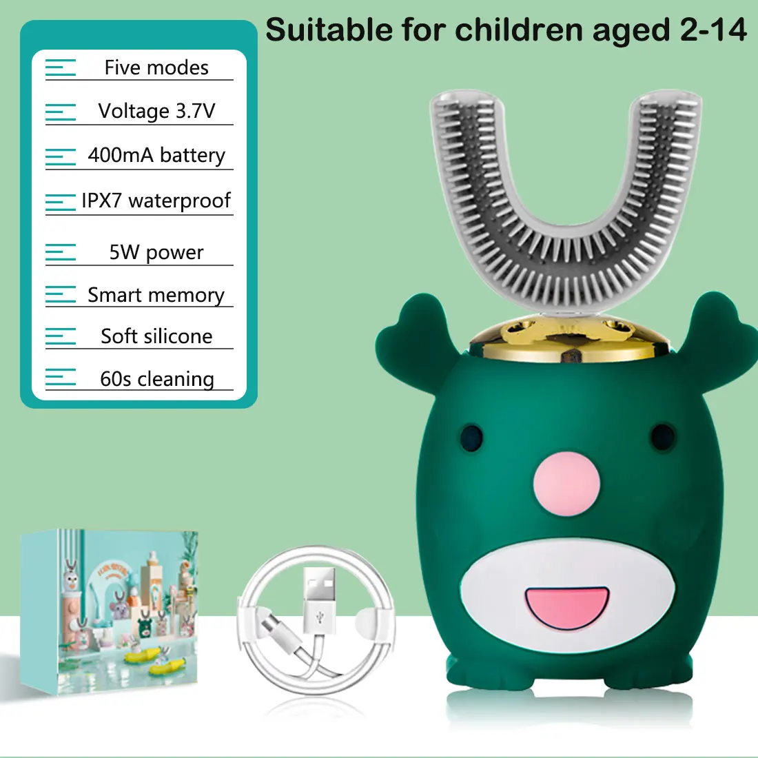 

Electric Toothbrush Kids Automatic Sonic Electric Toothbrush Children 360 Degrees blue light Tooth Whitening U Type Cartoon