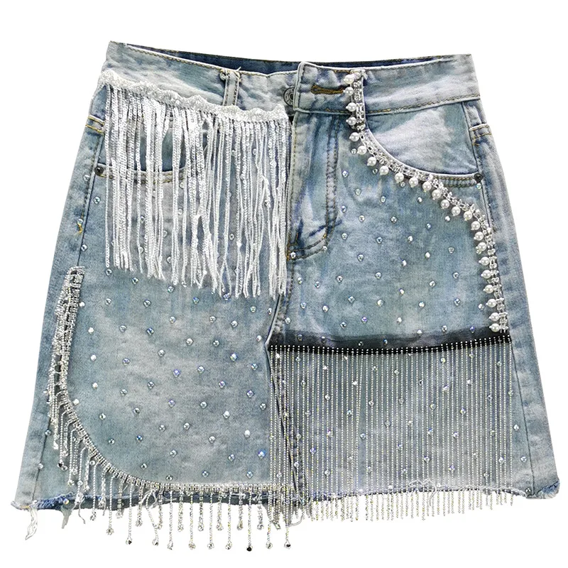 

beaded tassel denim women skirts summer new high waist pocket soild A-line mini patchwork sexy skirts top quality