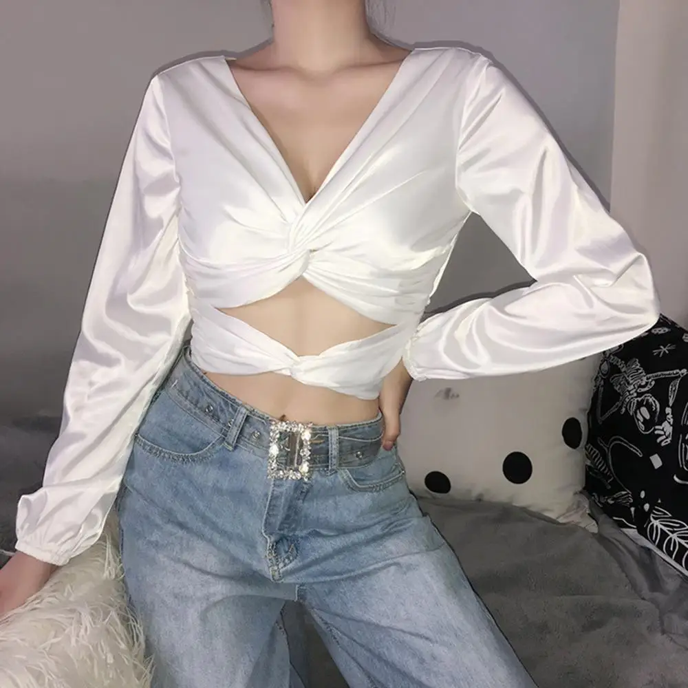 

50% Dropshipping!!Sexy Women Deep V Neck Hollow Out Long Sleeve T-shirt Bandage Backless Crop Top