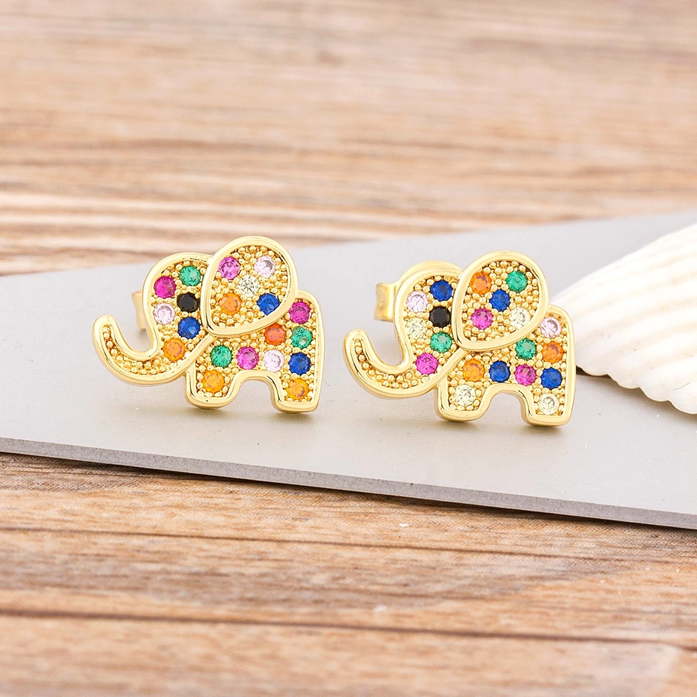 Nidin New Fashion Cute Elephant Stud Earrings for Women Rainbow Statement Charm Copper CZ Stone Jewelry Party Wedding Gift images - 6