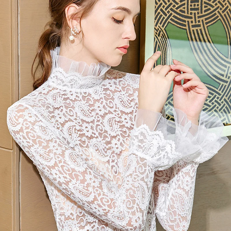 

Stand collar lace bottomed blouse for women in autumn and winter 2020 with long sleeve T-shirt