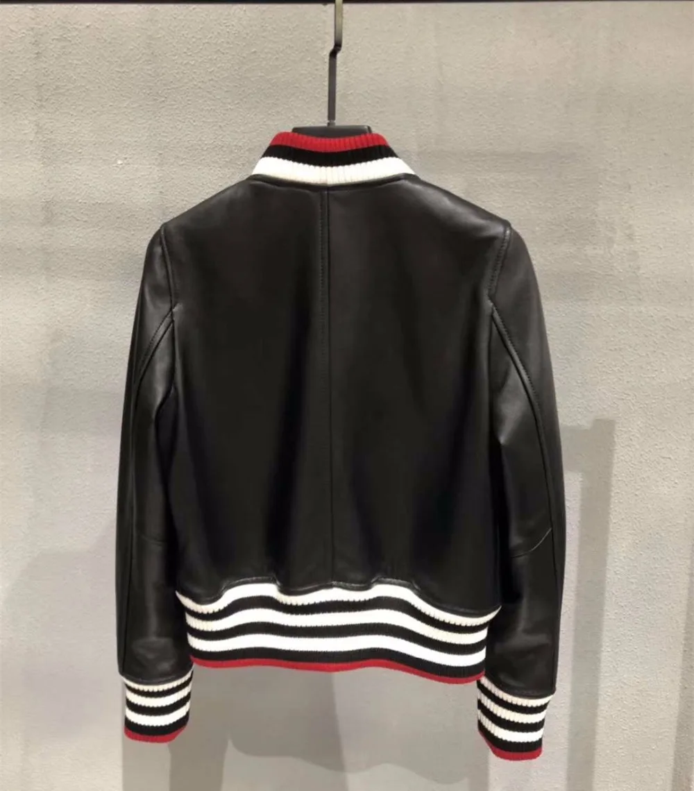 New Designer women's sheepskin leather jackets embroidery bowtie Genuine leather coats D616