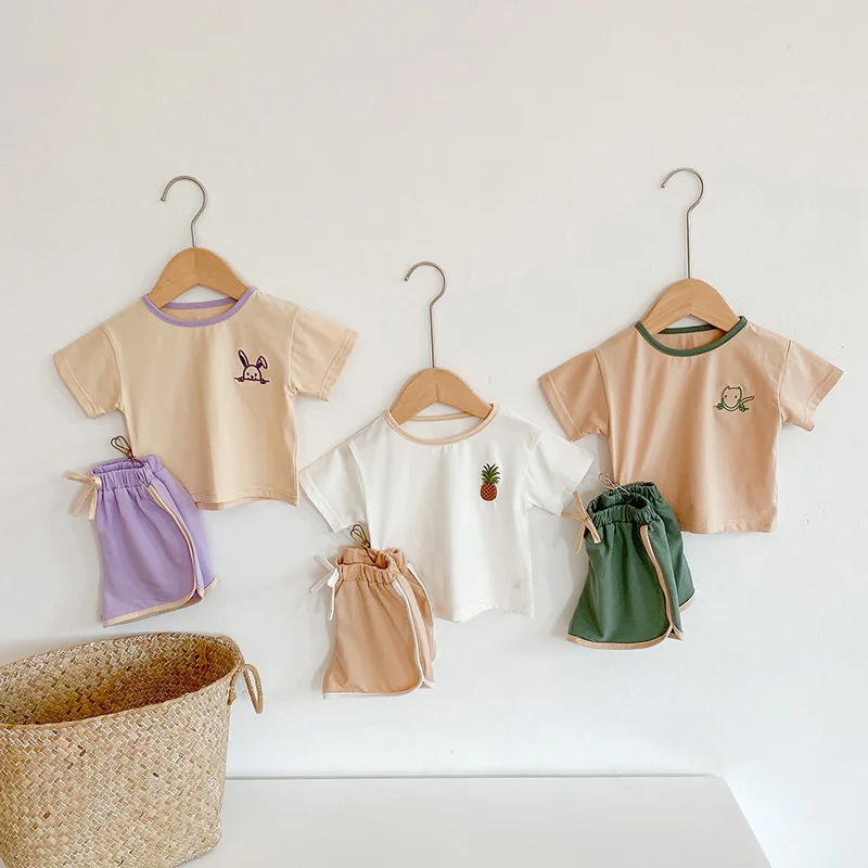 

2021 Spring New Girls Clothing Set O-neck Print Short Sleeve Solid Shorts 2 Pcs Suit Baby Onesies