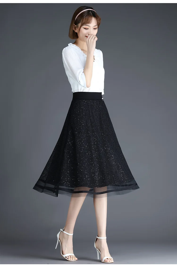 

2021 Summer Sequins Mesh Mid-long Skirts Women Fashion High Waist Big Swing Plus Size Loose Casual Elegant Korean Black Skirts