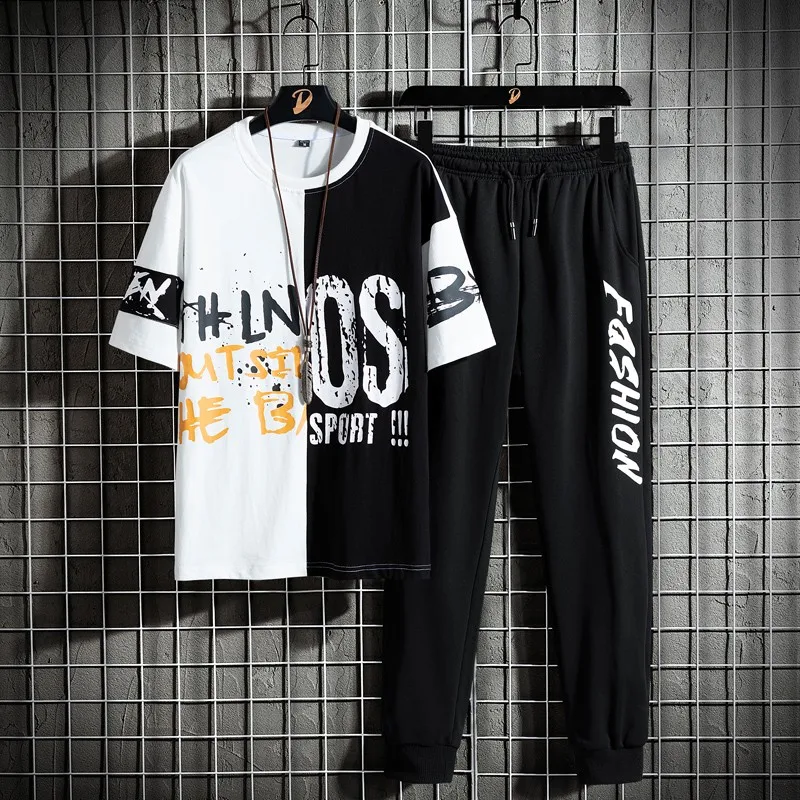 

2021new Men's Set Hip-hop Streetwear outwear two Piece Set T-shirt and Ankle-length fashion Pant Clothes size M-3XL