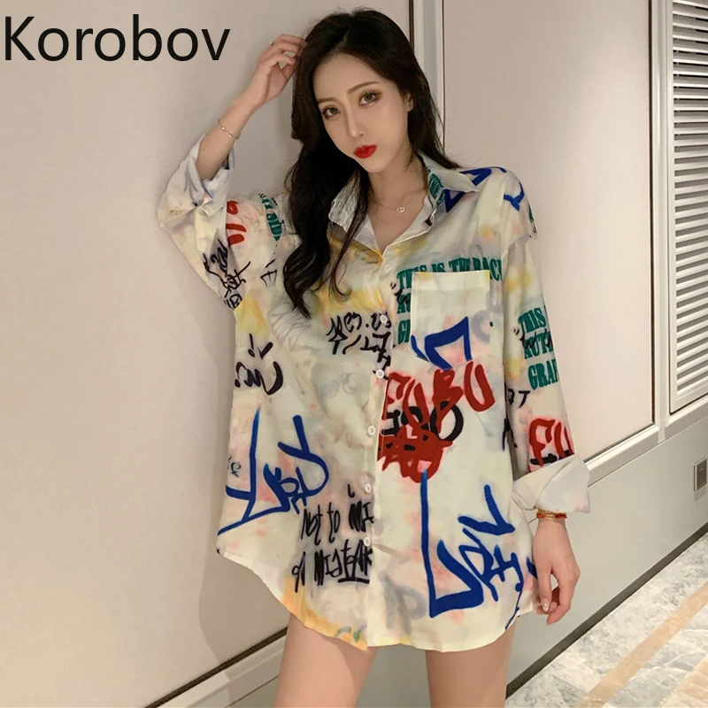 Korobov винтажная Женская длинная блуза с принтом граффити Корейская уличная одежда