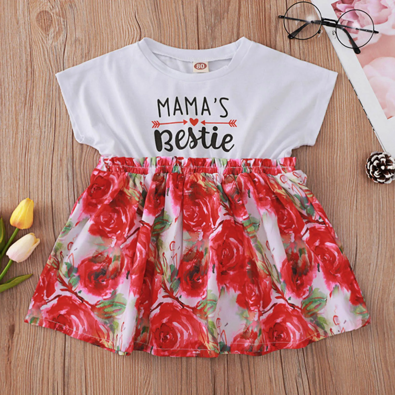 

Girl Dresses Toddler Baby Dress For Girls Summer Solid O-Neck Short Sleeve Letter Tops Patchwork Floral Rose Princess Dress
