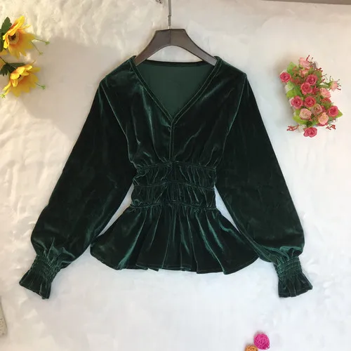 green Neploe, v-образный вырез, тонкая талия, рукав-фонарик, бархатная блузка для женщин, элегантные оборки, длинный рукав, Blusas Mujer, облегающая короткая рубашка 46384 - Цвет: green