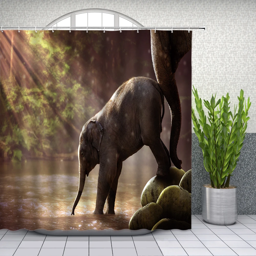 

Elephant Summer sunlight river forest animal Shower Curtains Bathroom Decor Waterproof Polyester Cloth Curtain Set Cheap