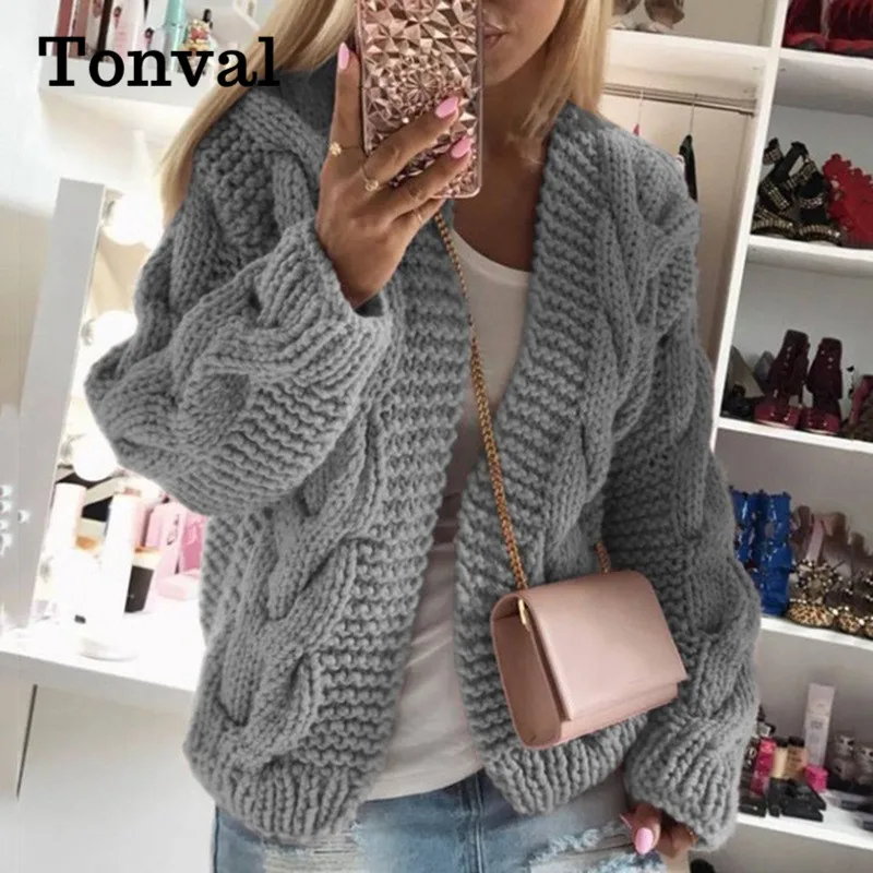 

Tonval Winter Cardigan for Women Open Stitch Vintage Fashion Sweater 2021 Drop Shoulder Going Out Casual Knitwear