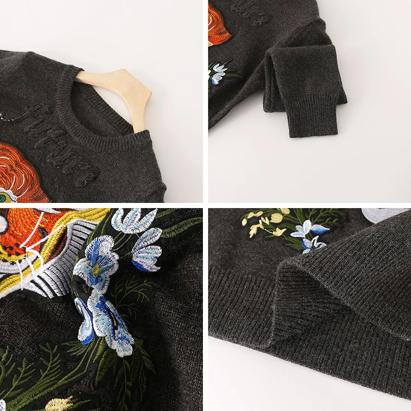 Модный женский пуловер свитер с вышивкой головы тигра и цветочным узором джемпер