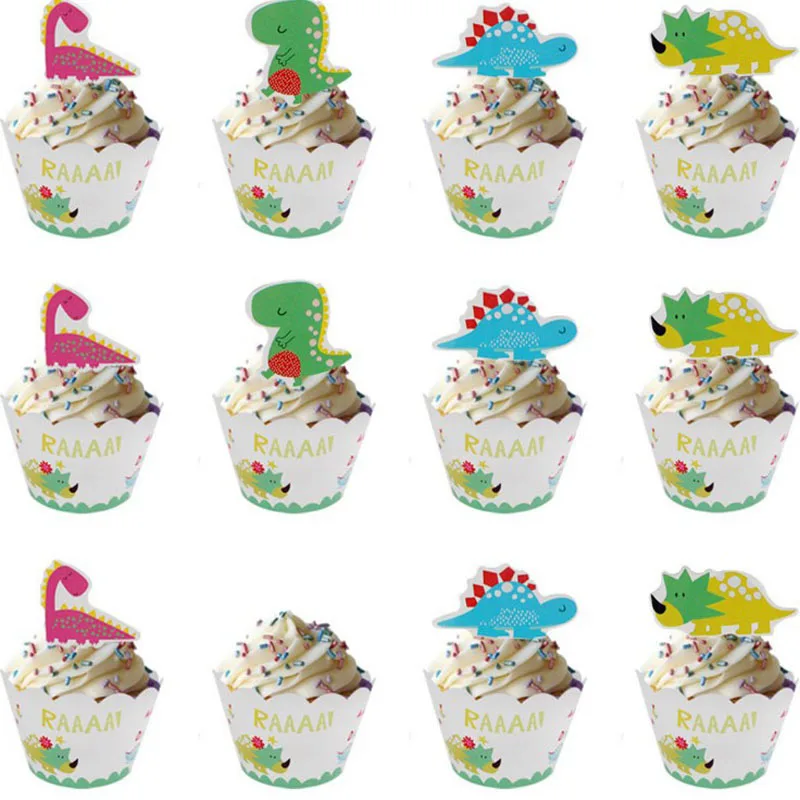 

24Pcs/Pack Kawaii Dinosaur 12pcs Wrappers + 12pcs Toppers for Children Kids Birthday Party Cupcake Decoration