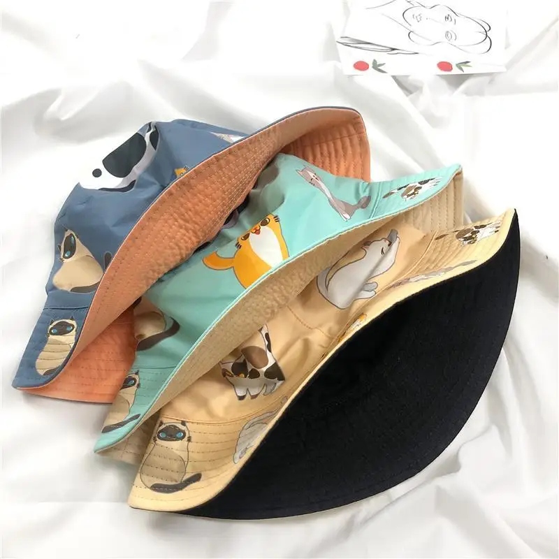 2021 New Cute Double-side Animal Print Fisherman Panama Caps Sun Bob Chapeau Cat Bucket Hats For Women Ladies Mother Gifts Cat