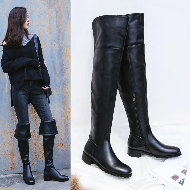 

Real Leather Women Over Knee Boots Fashion Brand Sexy low Heel Winter autumn Shoes Women Party Street Footwear