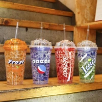 creative fashion straw ice cup double layer refrigeration summer cold drink cup simple outdoor plastic gift cup wholesale