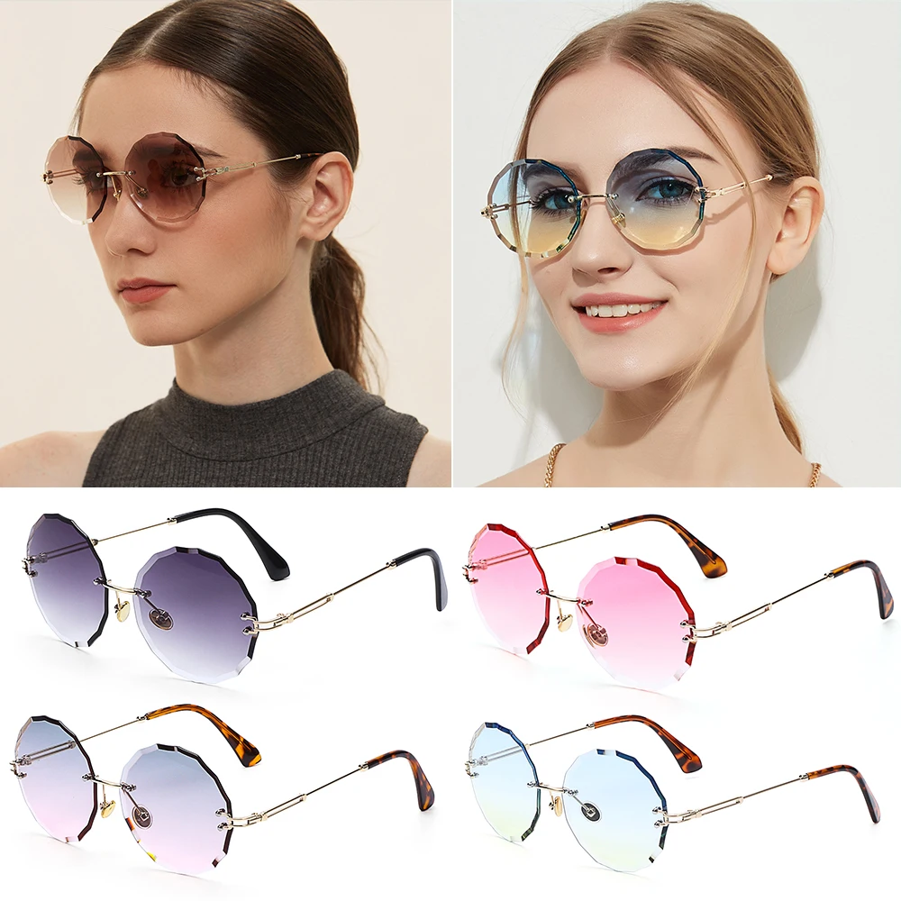 Фото 2021 модные круглые солнцезащитные очки без оправы тонированные винтажные