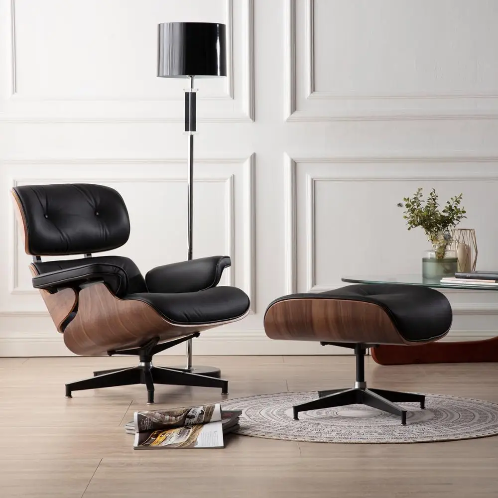 

Furgle Modern Lounge Chair and Ottoman Black Walnut Wood Real Leather with Heavy Duty Base Support Recliner Chair for Relaxation