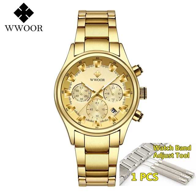 full gold Мужские часы лучший бренд класса люкс WWOOR золотые черные часы мужские Новые водонепроницаемые Хронограф Золотые мужские наручные часы мужские - Цвет: full gold