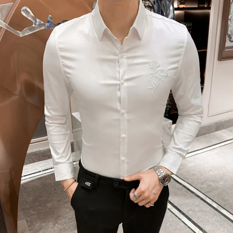 Мужская рубашка с вышивкой приталенная длинным рукавом в Корейском стиле весна