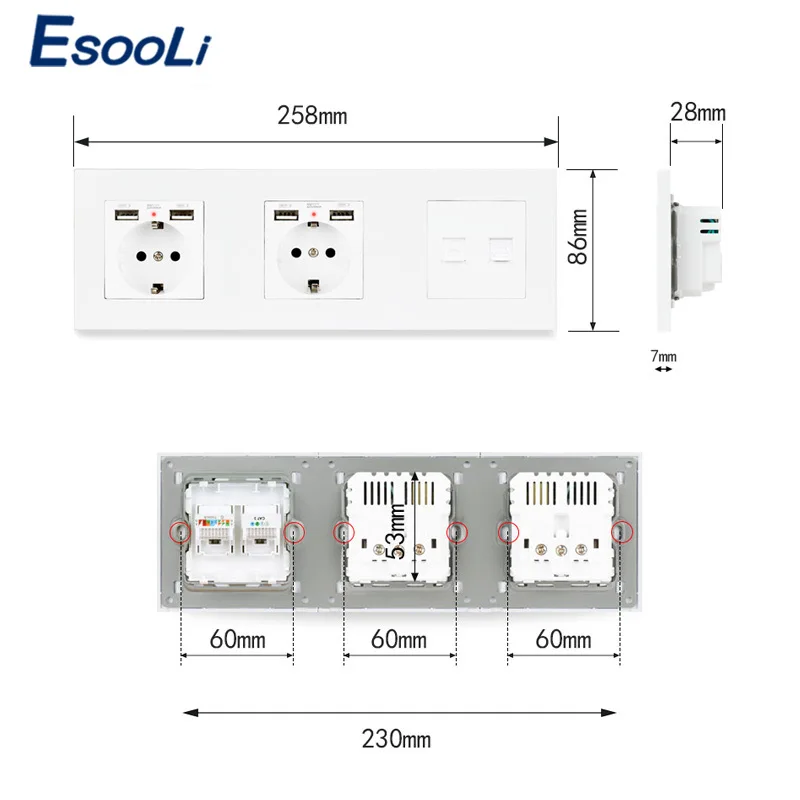 Пластиковая панель ESOOLI двойная розетка европейского стандарта + 4 USB порта для