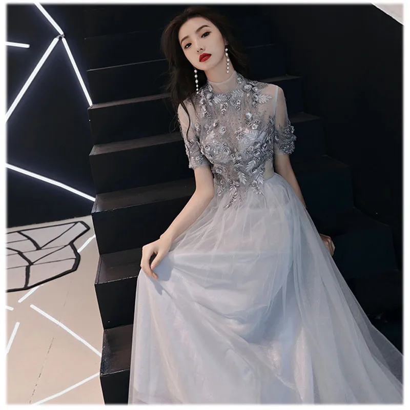 Beauty Emily, очаровательное вечернее платье с высоким воротом и коротким рукавом, элегантное кружевное платье с аппликацией на молнии сзади, Тюлевое платье для выпускного вечера на заказ