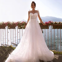 bohemian sequin tulle a line wedding dress 2021 sleeveless thin straps zipper back bridal party long train robe de mari%c3%a9e