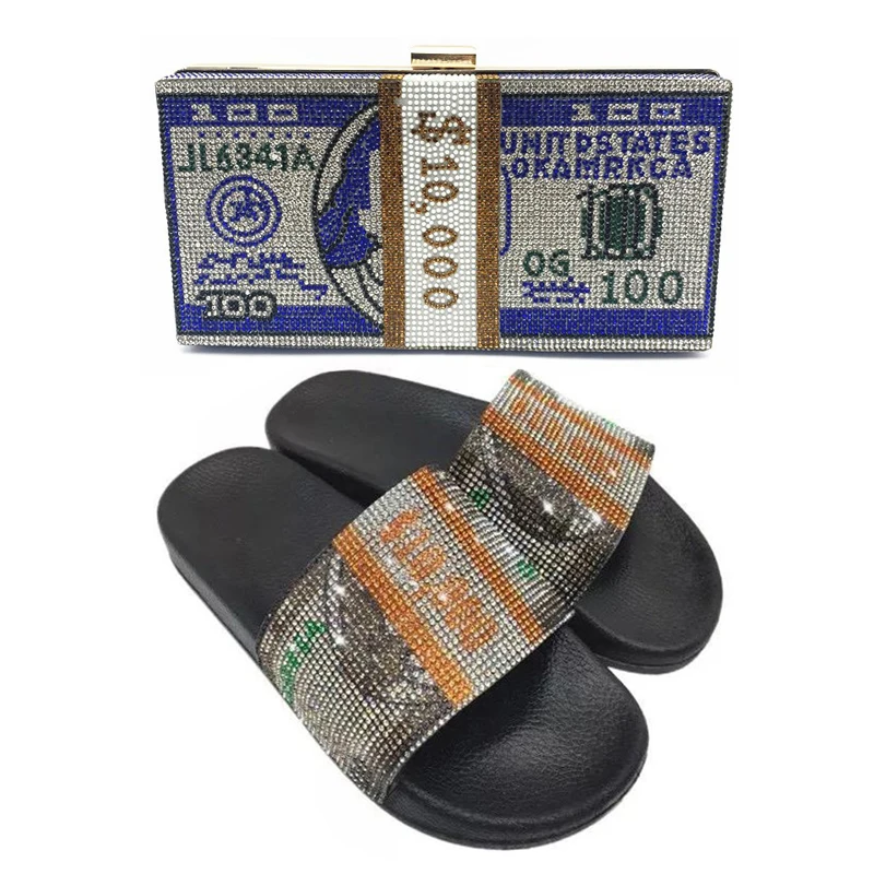 

Women's Rhinestone Dollar Slippers Ladies Fashion Outdoor Slides Girl's Bling Chain Dollar Bag Sets Female Shoulder Sequins Bags