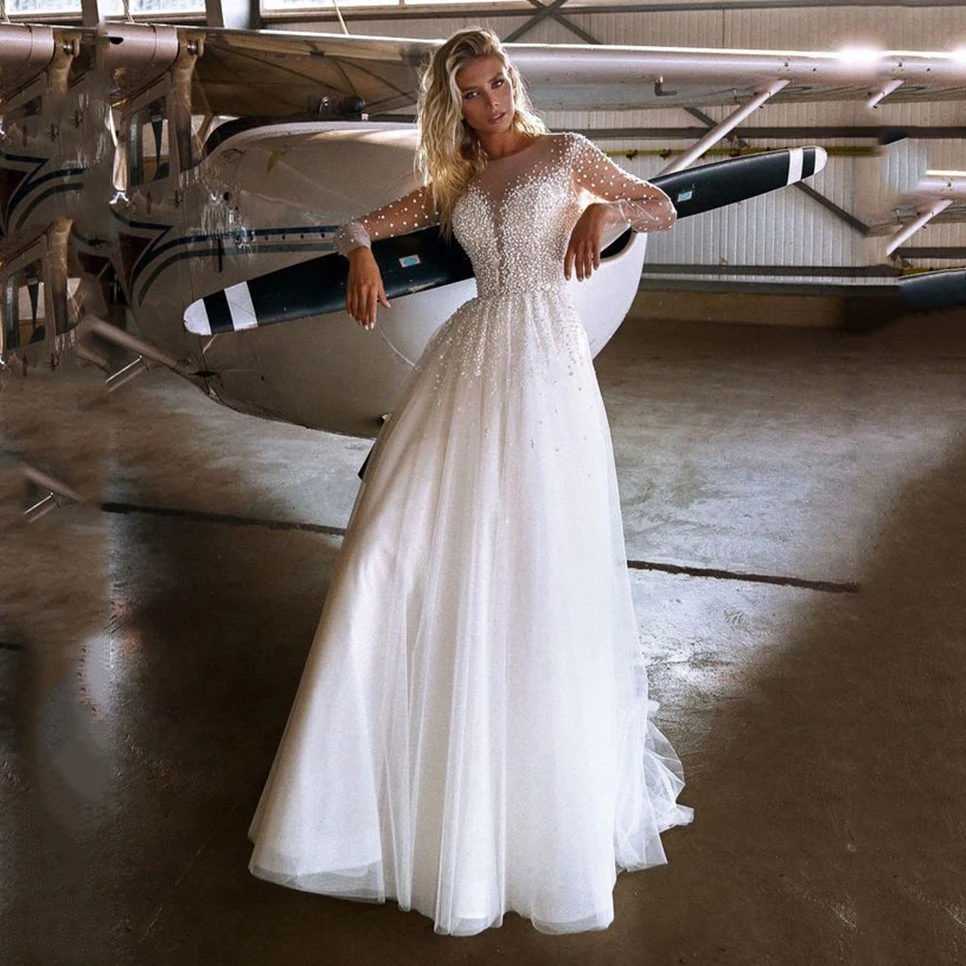

Thinyfull Elegant A Line Pearls Wedding Dresses O Neck Long Sleeve Bride Dresses Tulle Button Lace Appliques Bridal Gown 2020