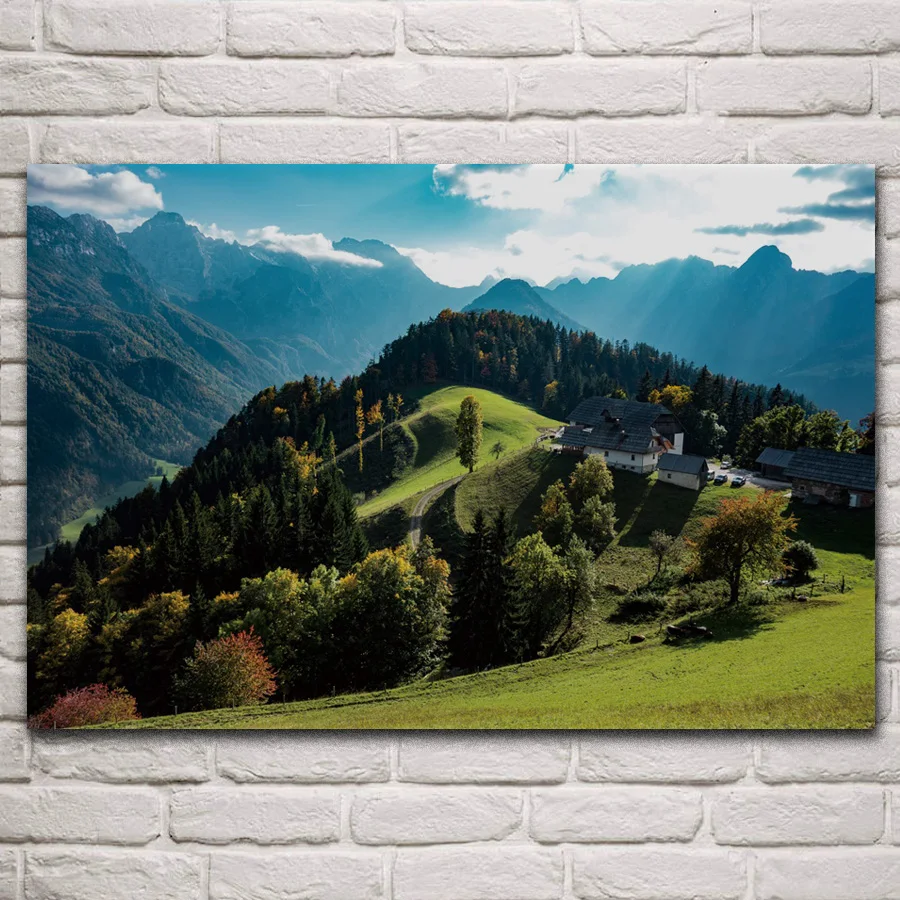 

Mountains peak trees sky scenery sunny day nature landscape fabric posters on wall picture home art living room decoration KP111