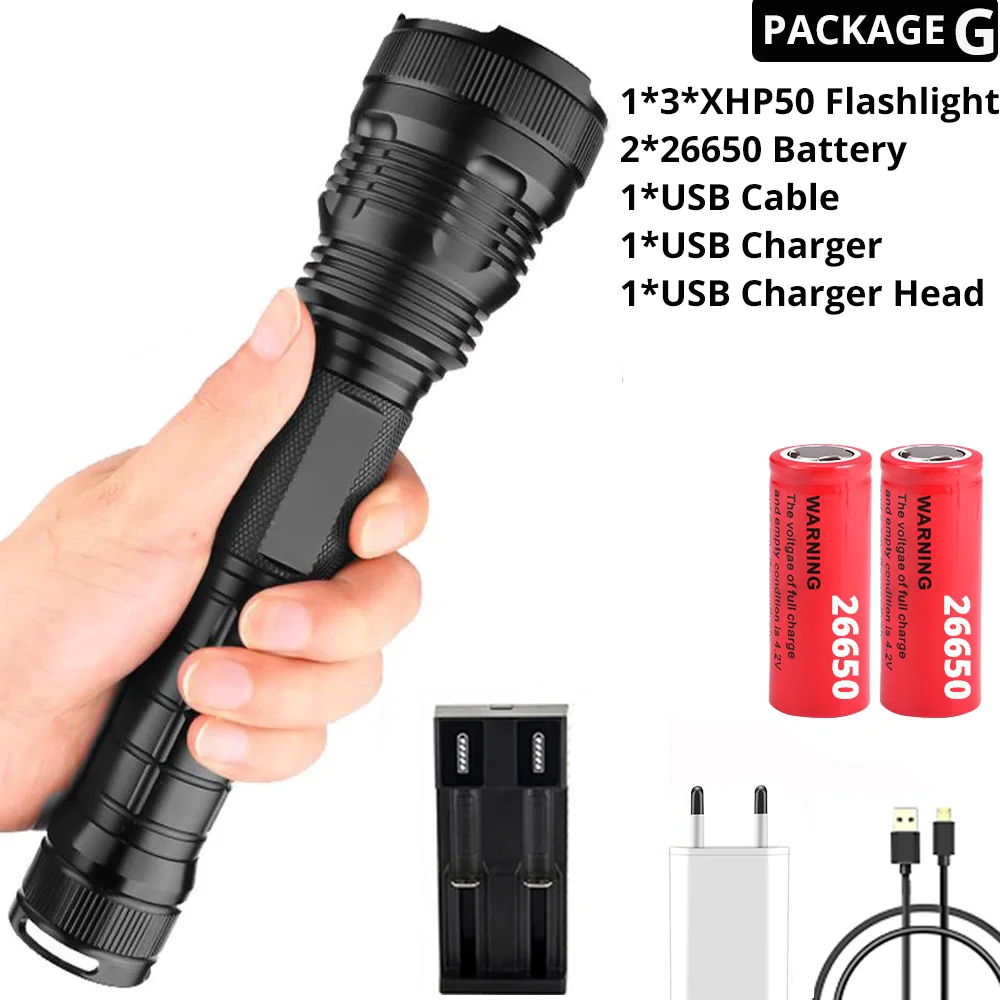 Package G-26650 Мощный светодиодный фонарик 3* XHP50 Водонепроницаемый зум Linterna светодиодный тактический фонарь питание от 18650 или 26650 батареи для наружного, кемпинга - Испускаемый цвет: Package G-26650