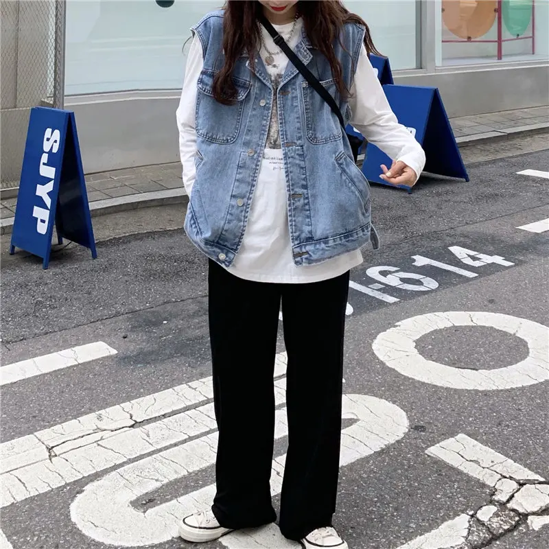 

HziriP Students Chic Loose Women Jackets All Match Pockets Sleeveless Autumn Plus Casual High Street Denim Jean Jacket Coats