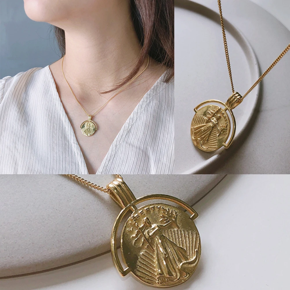 Portrait Gold Medallion Round Coin Pendant Choker Necklace Large Disc Necklace S925 Silver Personalized Necklace Boho Jewelry