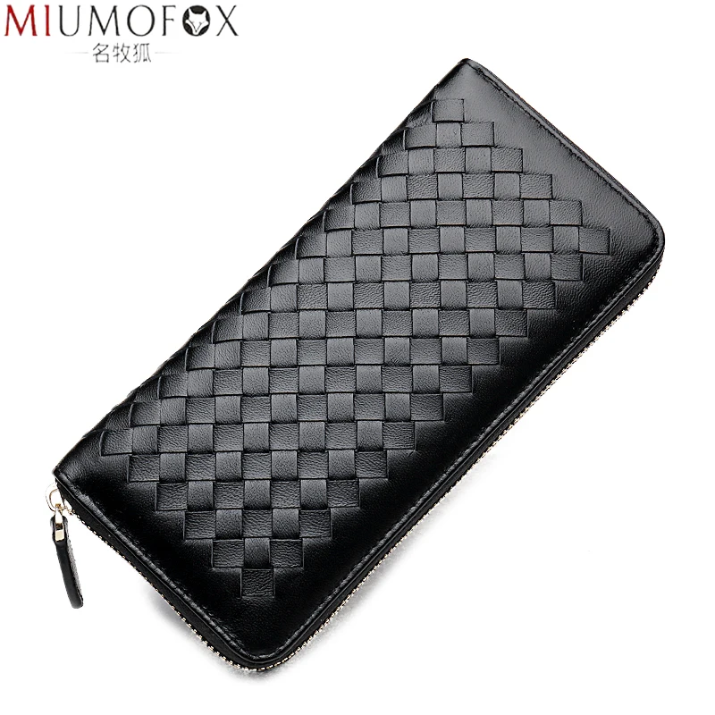 

Hand-knitted Men Wallet Genuine Leather Clutch Wallets Women Casual Long Purse with Phone Pocket 2021 Brand Mens Business Wallet