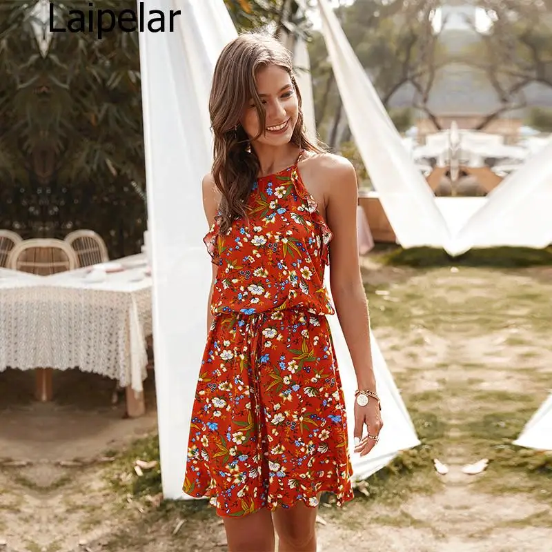 

Summer Slim Halter Print Dress Women Casual Sleeveless Ruffles Above Knee Mini Floral Dress 2020 New