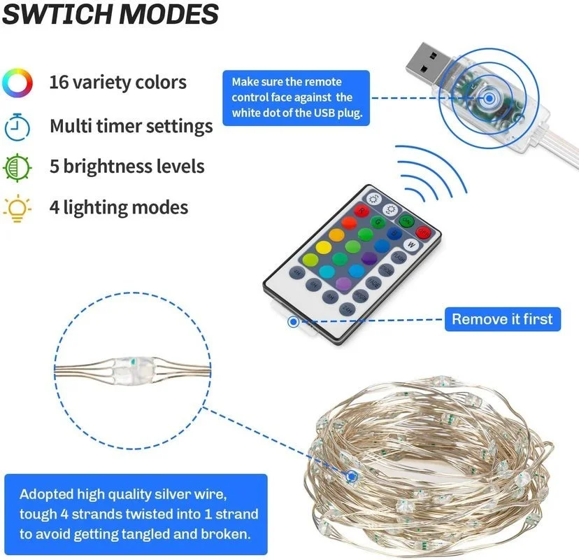 Remote Control Fairy Light String 16 Colors USB 5m 10m 20m Christmas Wreath Outdoor Lights for Party Decoration | Освещение