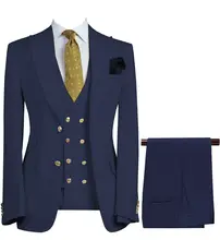 Clássico double breasted masculino conjunto de 3 peças notch lapela noivo blazer + colete + calças ajuste fino (3)