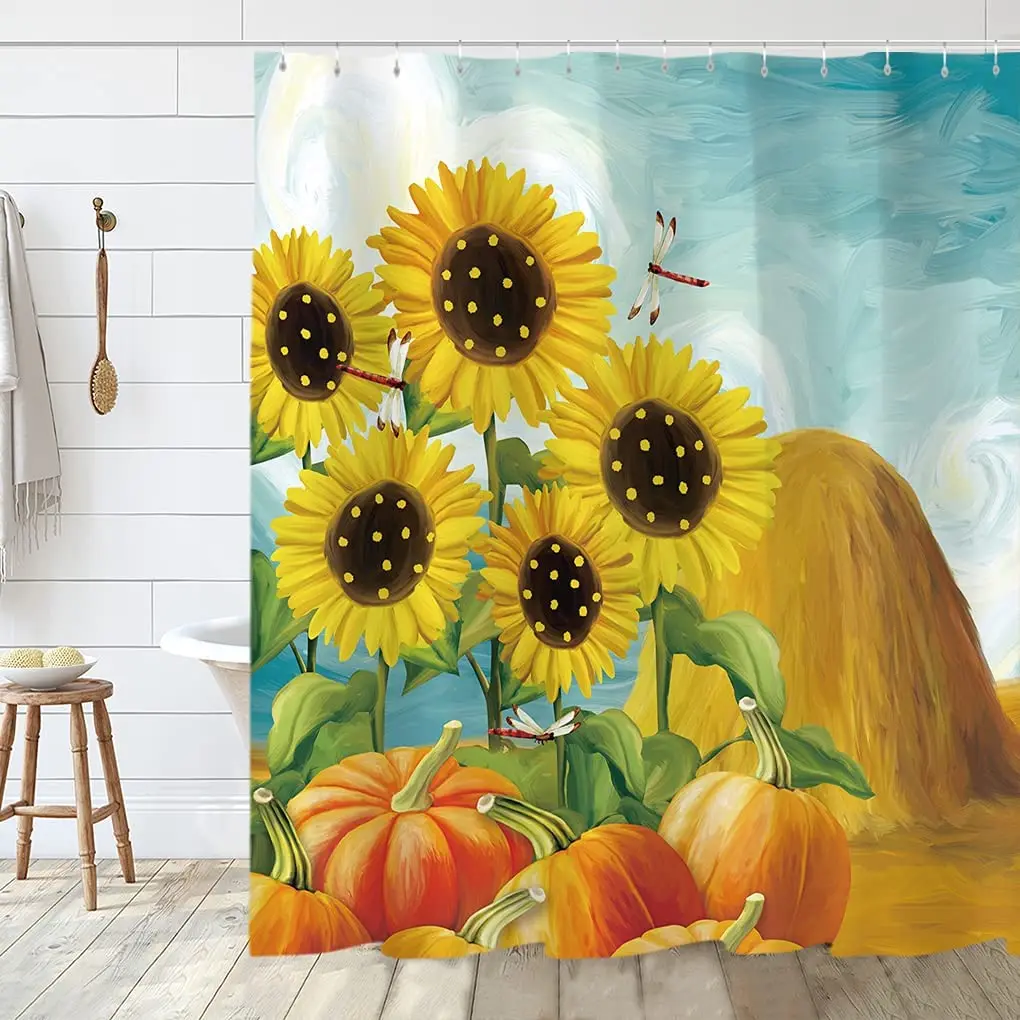 

Sunflower Shower Curtain Sets Harvest Fall Pumpkin Floral Flower Bathroom Curtain Polyester Fabric with Hooks Bathroom Decor